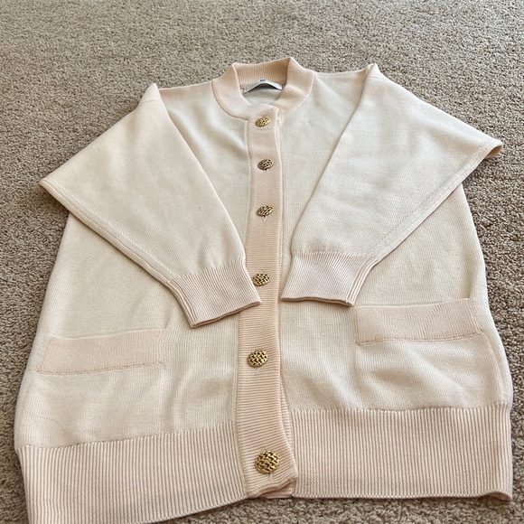 BALLANTYNE Size M cream merino wool gold front button Scottish cardigan - Picture 8 of 8
